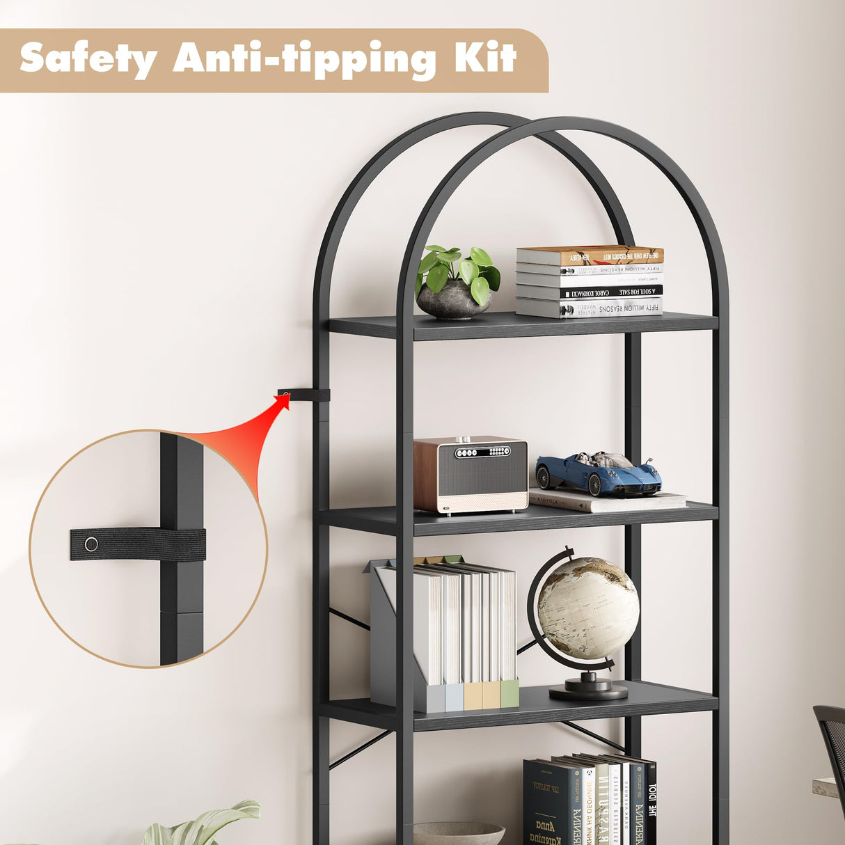 Klysiora 5 Tier Arched Bookcase Shelf Tall Bookcase with Storage Vertical Display Shelf Rack Modern Bookcase Wood and Metal Storage Shelving Unit for Bedroom, Living Room, Home Office, Black Klysiora