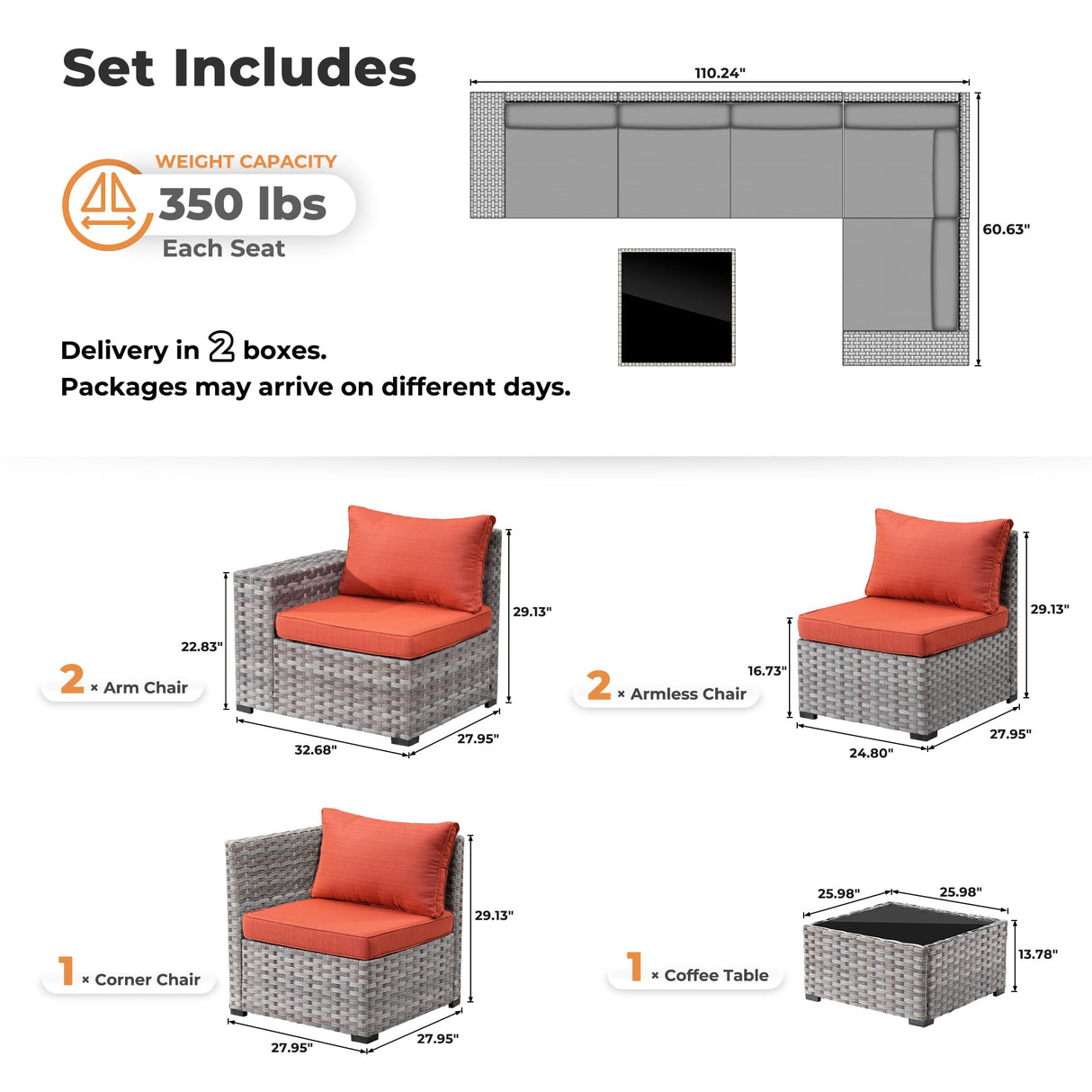 ovios 6 Pieces Patio Furniture Set, Outdoor Wicker Sectional Sofa with Glass Table Comfy Cushions, Modern Modular Deep Seat Couch Rattan Conversation Set, Orange Red ovios