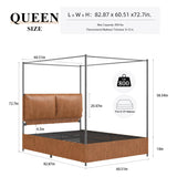 PAUKIN Canopy Bed Frame Queen Size with Upholstered Headboard, Sturdy and Stable, Easy to Assemble, Metal Bar Support, no Spring Mattress Required. (Brown, Queen) PAUKIN