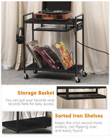 MOOACE Record Player Stand, Vinyl Storage Cabinet, Turntable Stand with Charging Station, Record Holder, Album Shelf, Nightstand, 2 Tier End Table on Wheels for Bedroom and Living Room, Black MOOACE