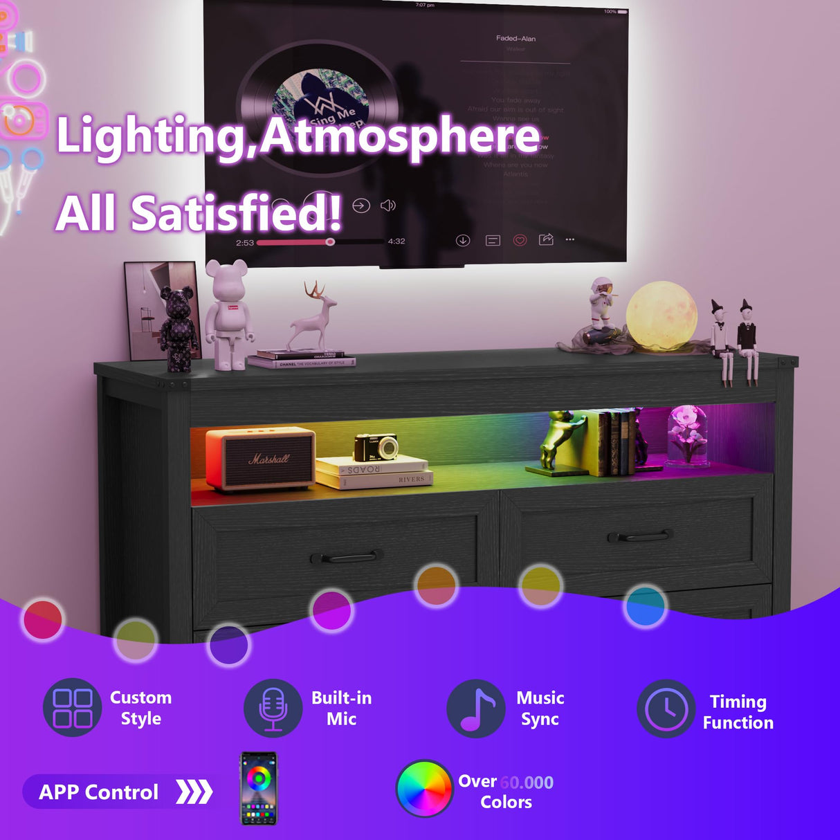 METOTI Black Dresser for Bedroom with 4 Drawers, Dresser and Chest of Drawers with LED Lights for Up to 60-inch TV, for Living Room, Entryway, Hallway(Black) METOTI