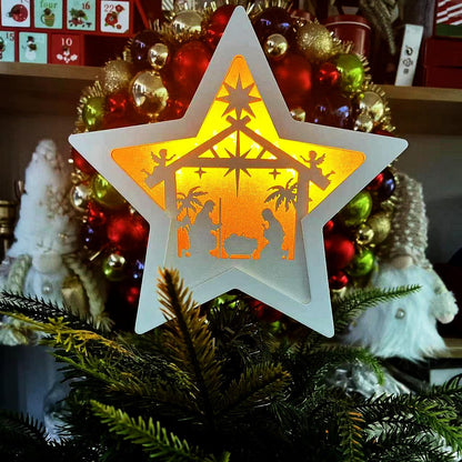 Komiikka Star Nativity Christmas Tree Topper Lighted, 3D Wooden Star LED Nativity Tree Topper Star of Bethlehem for Christmas Party Decorations Indoor