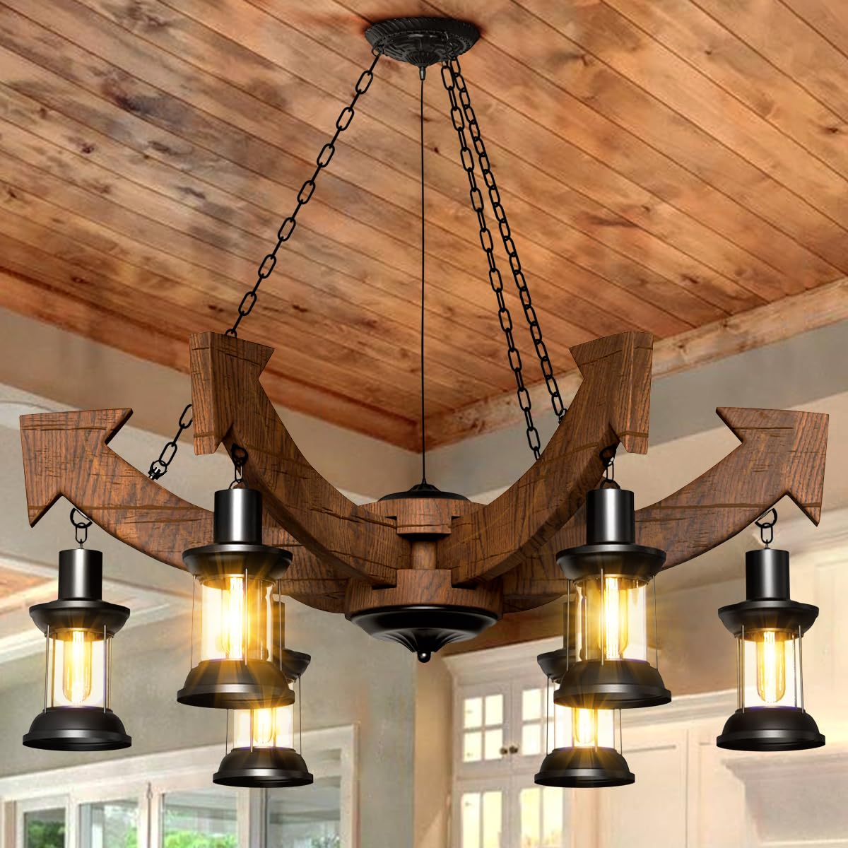 A Million Vintage 6-Lights Country Wood Chandelier, Retro Arrow Style Chandelier Light Fixture, Farmhouse Rustic Wooden Chandelier for Dining Room, Kitchen Island, Living Room, Bar, E26 - WoodArtSupply