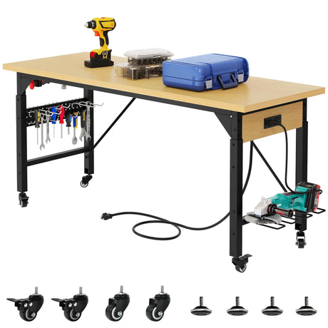 DWVO Work Benches for Garage 60" x 24" Work Table w/Outlets, Tool Bench Garage Workbench Husky Workbench 1600 LBS Load Capacity with Wheels for Workshop, Office, Home, Outdoor DWVO
