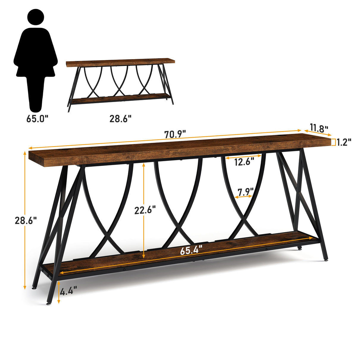 JUSTOGO 70.9" Narrow Console Table for Entryway, Industrial Long Sofa Table Behind Couch, Farmhouse Hallway Table with Storage for Living Room, Entrance, Foyer, Rustic Brown JUSTOGO