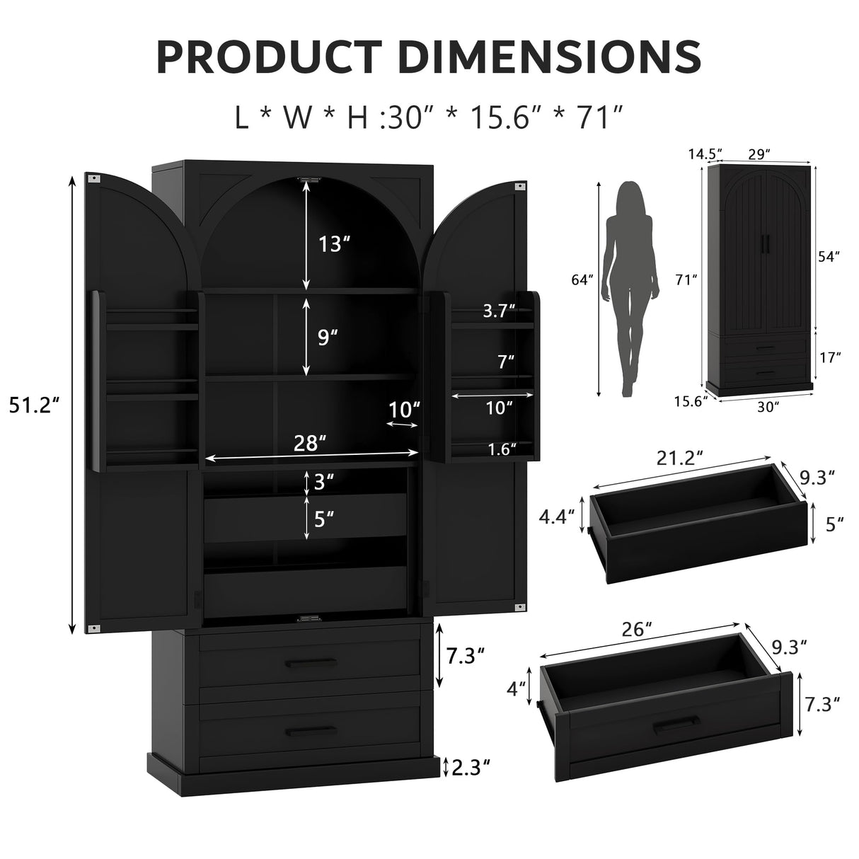 iPormis 71" Tall Kitchen Pantry Storage Cabinet w/Adjustable Shelf, Large Drawers & Door Shelves, Freestanding Kitchen Cupboard for Dining Room/Living Room, Black iPormis