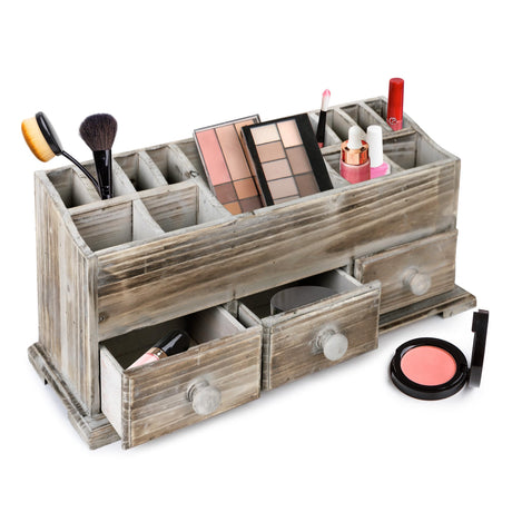 Besti Rustic Vanity Organizer for Cosmetics, Makeup, and Bathroom Accessories, Wooden Farmhouse Storage Box with 3 Drawers, Vintage Countertop, Dresser, or Desk Organization Besti