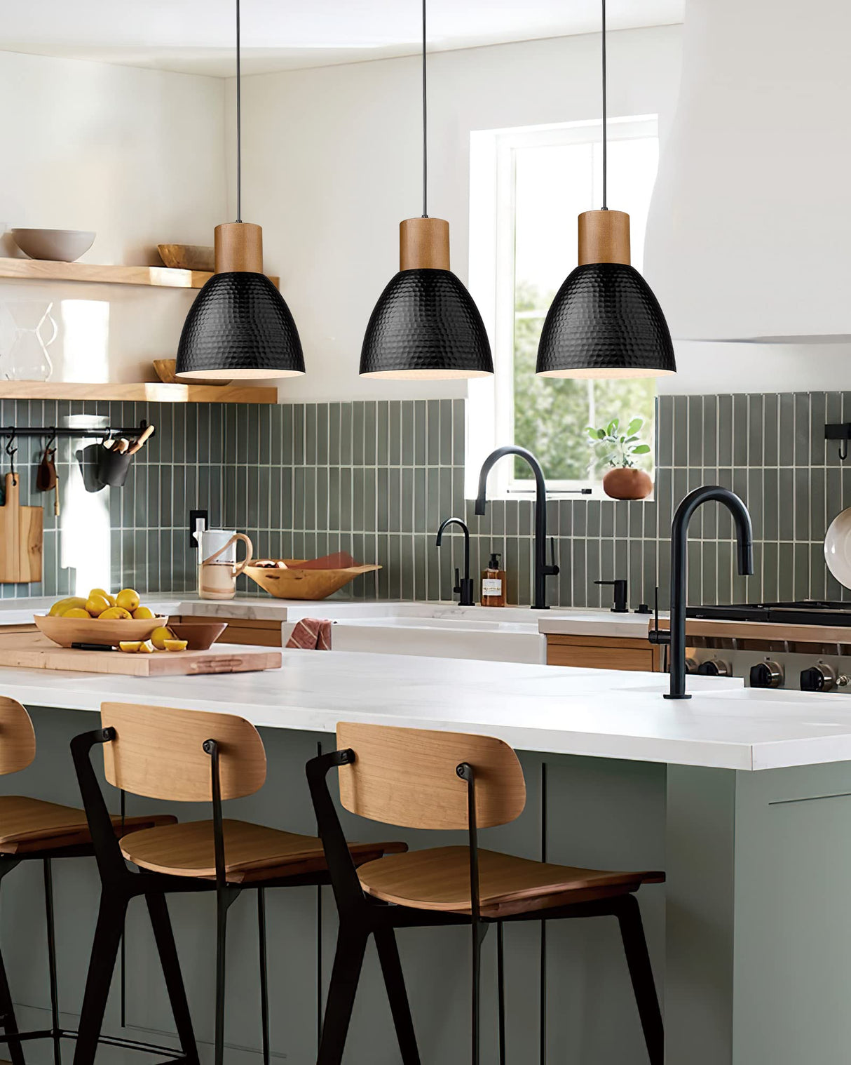 ELYONA Industrial Pendant Light, Solid Wood Hanging Lamp with 7” Hammered Metal Shade, Farmhouse Pendant Light Fixtures for Kitchen Island, Dining Room, Bedroom, Bar, Office, Modern Black, Small ELYONA