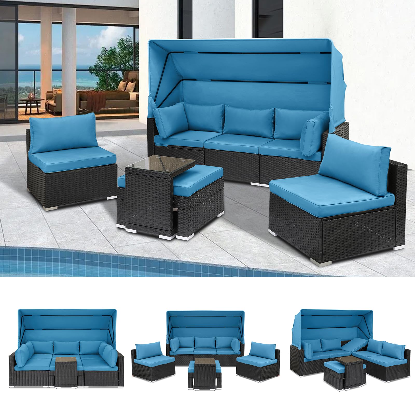 Grepatio Rattan Furniture Daybed with Canopy 7 Pieces Outdoor Day Bed Wicker Sectional Sofa Set Patio Furniture Set with Adjustable Backrest and Cushions Storage Table (7 Pieces Blue) - WoodArtSupply