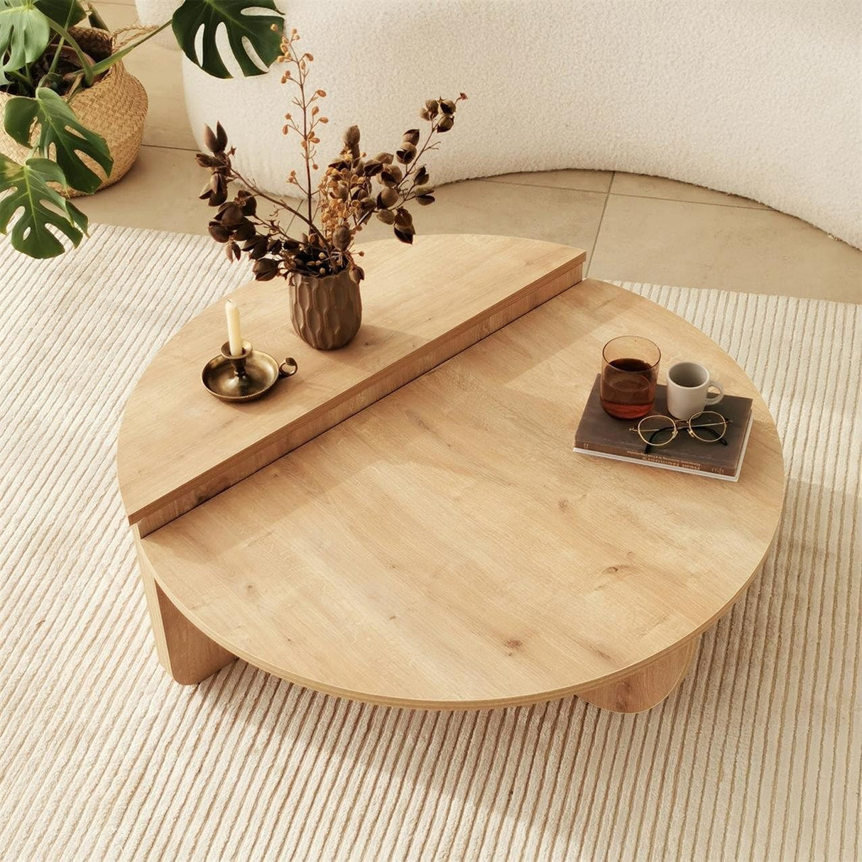 FAWdecor Modern Wooden Round Coffee Table,Chipboard Wood Center Table,Unique Nesting Coffee Tables,Mid Century Aesthetic Low Coffee Table (Oak) FAWdecor