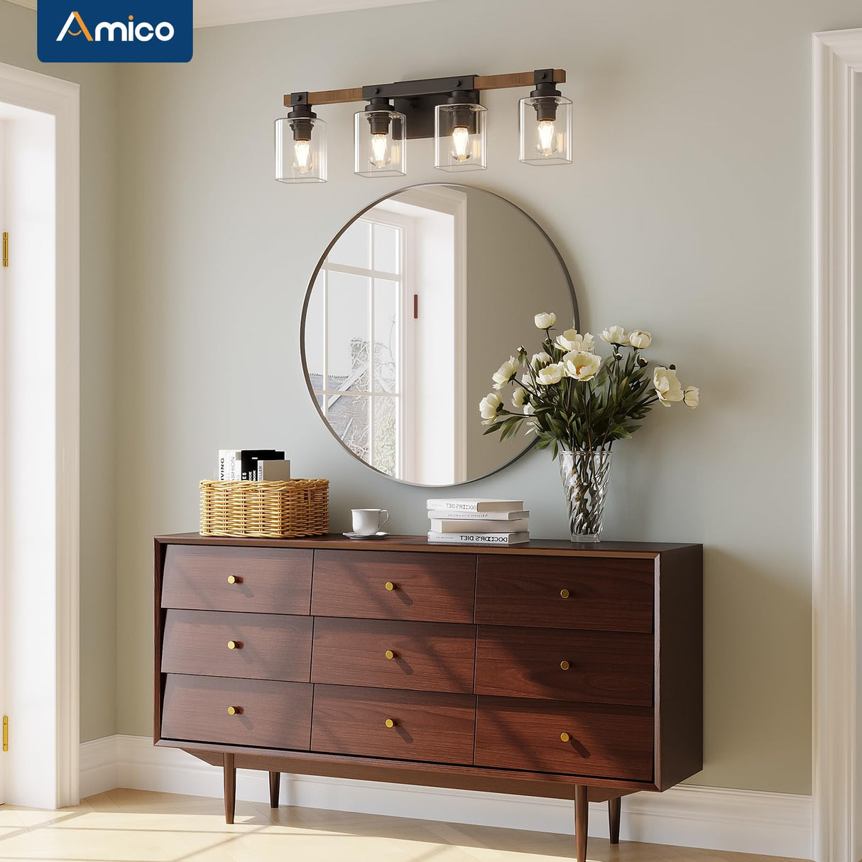 Amico 4-Light Bathroom Vanity Light Fixtures, Rustic Industrial Painted Wood Vanity Lights for Bathroom, Vintage Black Wall Sconces Bathroom Vanity Lighting with Clear Glass Shade Amico