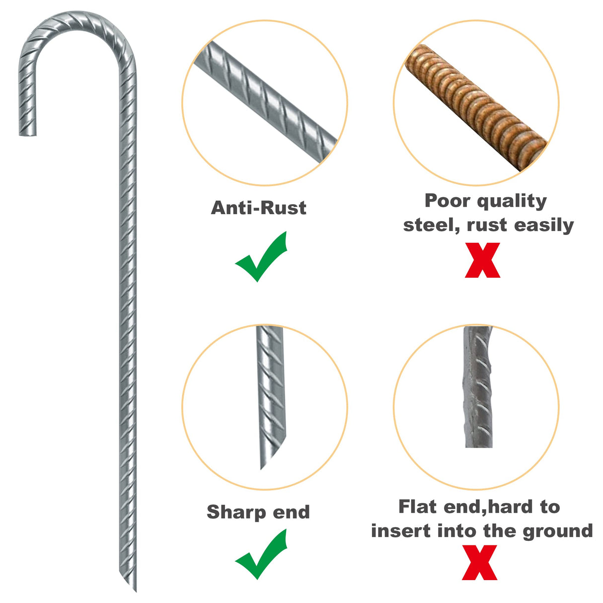 Eurmax USA Trampolines Stakes Heavy Duty Ground Stakes Canopy Parts Wind Stake with Rope 12 Inch Heavy Duty Stake Safety Ground Anchor Galvanized Steel J Shaped, Pack of 4(Gray) Eurmax