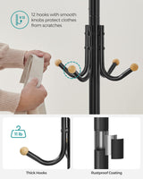 SONGMICS Coat Rack Freestanding, Metal Coat Rack Stand with 12 Hooks and 4 Legs, Coat Tree, Holds Clothes, Hats, and Bags, for Entryway, Living Room, Bedroom, Classic Black URCR031B01 SONGMICS