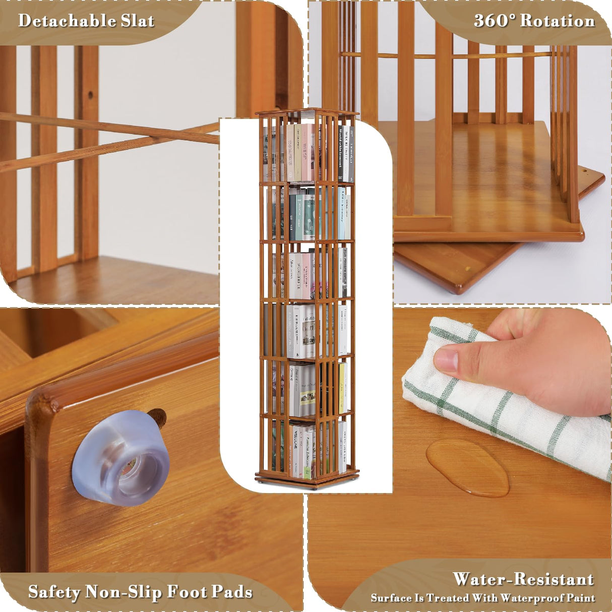 Athena Collection Rotating Bamboo Bookshelf, 6-Tier Floorstanding Corner Bookcase, 360-Degree Modern Open Book Storage Rack for Living Room Bedroom Office Furniture, Brown Athena Collection