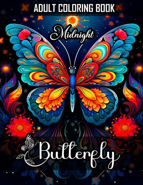 Midnight Butterfly Coloring Book for Adults: 100 Relaxing and Beautiful Butterfly Illustrations on Black Background, Midnight Coloring Book for Stress Relief and Relaxation (Adult Coloring Book). Majosta