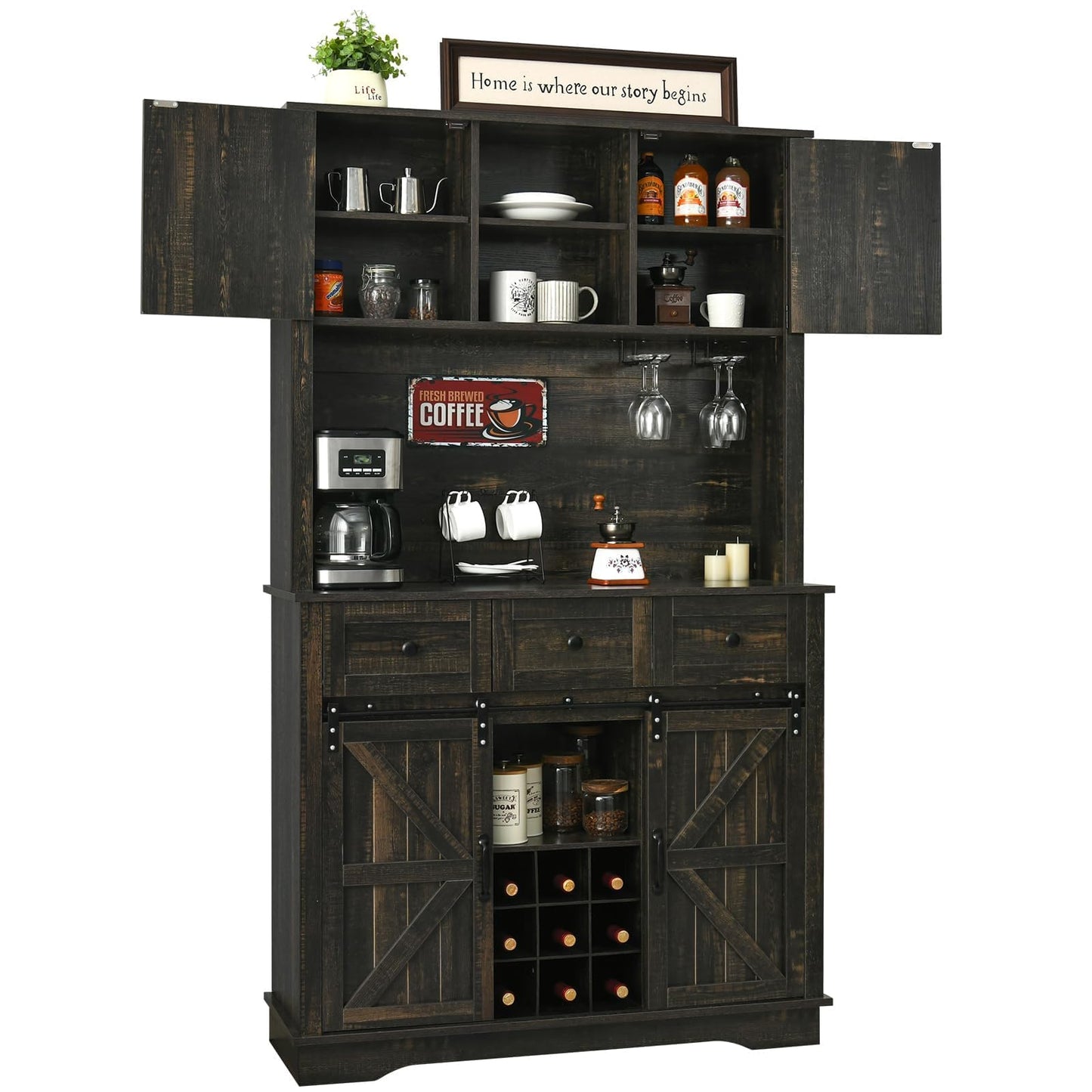 4 EVER WINNER Kitchen Pantry Storage Cabinet with Hutch, 72” Farmhouse Buffet Cabinet with Hutch & Wine Rack, Kitchen Hutch Storage Cabinet for Dining Room, Rustic Dark Brown