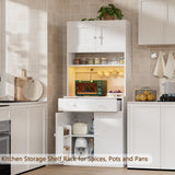 Pantry Cabinet with Power Outlet & LED Light, Tall 71 inch Kitchen Storage Shelves with Drawer, Coffee Bar Table with Doors & Adjustable Shelves, Freestanding Cupboard Bakers Rack with Hutch, White Korfile