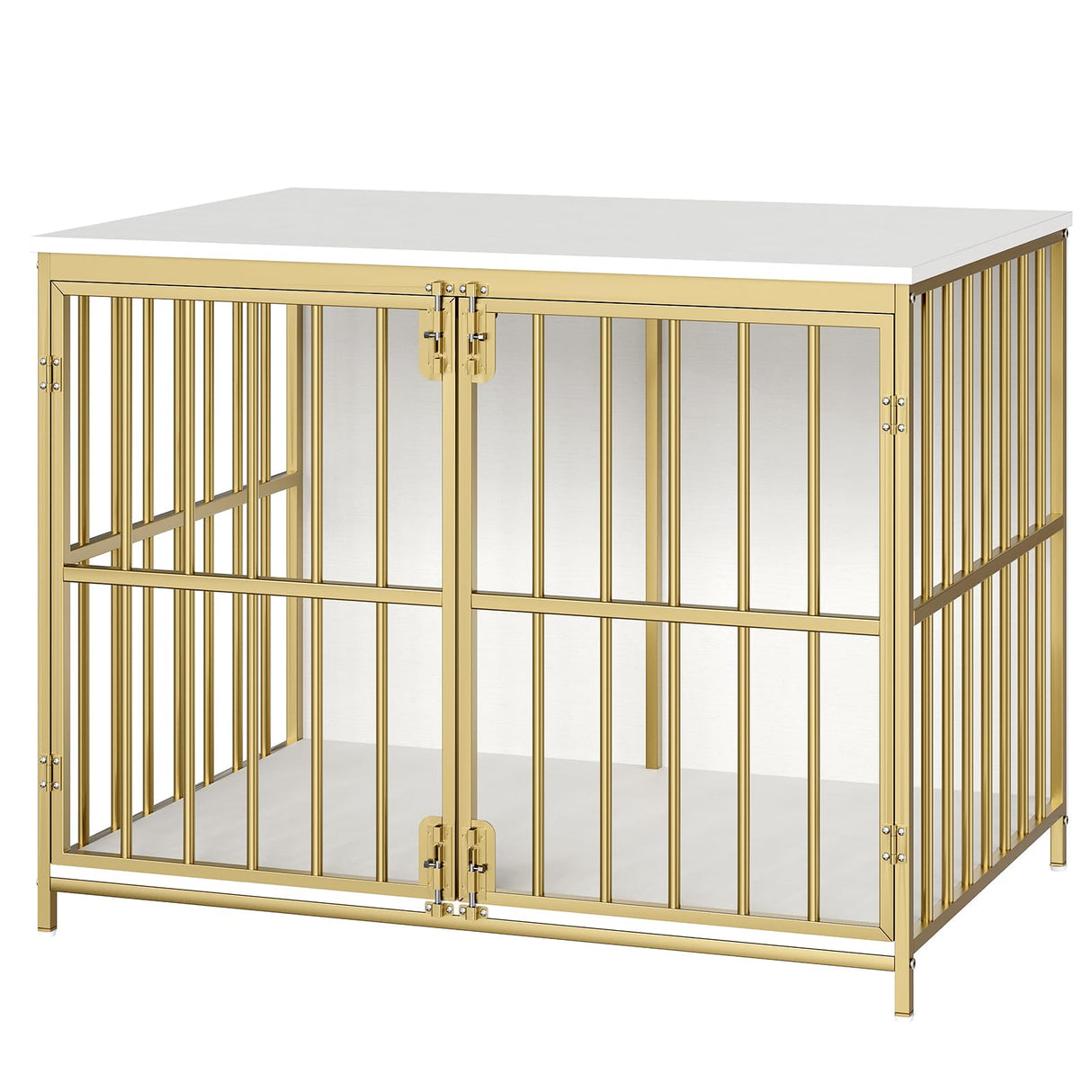 HOOBRO 38.6" Dog Crate Furniture, Wooden Indoor Dog Kennel, Decorative Dog Crate End Table, Chew-Resistant Heavy Duty Dog Crate for Small/Medium Dog, White and Gold DW100GW03 HOOBRO