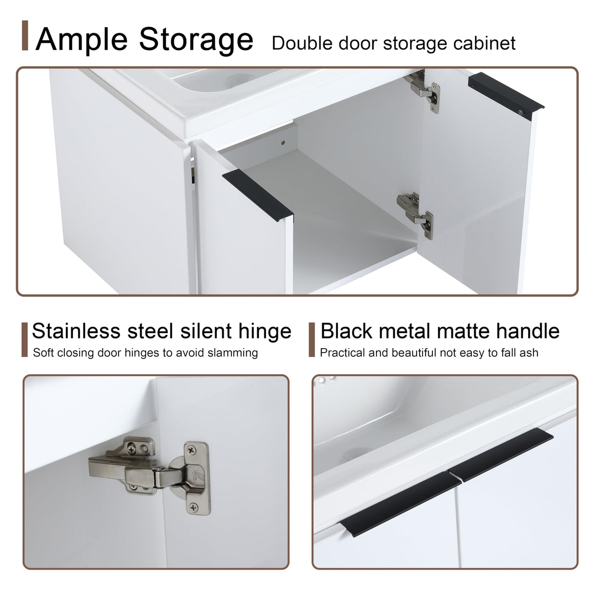 Malwee 60" Floating Bathroom Vanity with White Ceramic Basin Sink Top, 60 Inch Double Sink Wall Mounted Bathroom Vanity, with 4 Doors and Storage Shelve Malwee