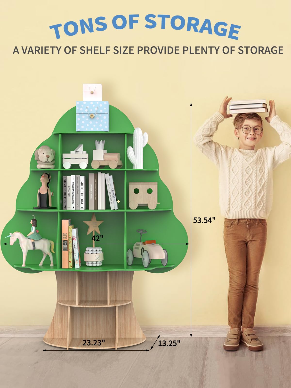 Tree Kids Bookshelf, Toddler Wood Bookcase, 16-Cubby Children Toy Storage Organizer Book Shelf for Kids Rooms, Nursery, Bedroom, Living Room, Classroom, Boy Girl’s Gift (Green Tree) Bear Qiaqia