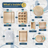 Perlli Baking Pan 10 Piece Set Nonstick Gold Steel Oven Bakeware Kitchen Set with Silicone Handles, Cookie Sheets, Round Cake Pans, 9x13 Pan with Lid, Loaf Pan, Deep Pan, Pizza Crisper, Muffin Pan PERLLI