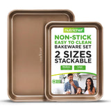 NutriChef 2-Piece Nonstick Baking Sheet Pans - Premium Carbon Steel Oven Bake Trays w/ Non-Stick Coating - Large & Medium Sized Cookie Sheets for Baking - Champagne Gold NutriChef
