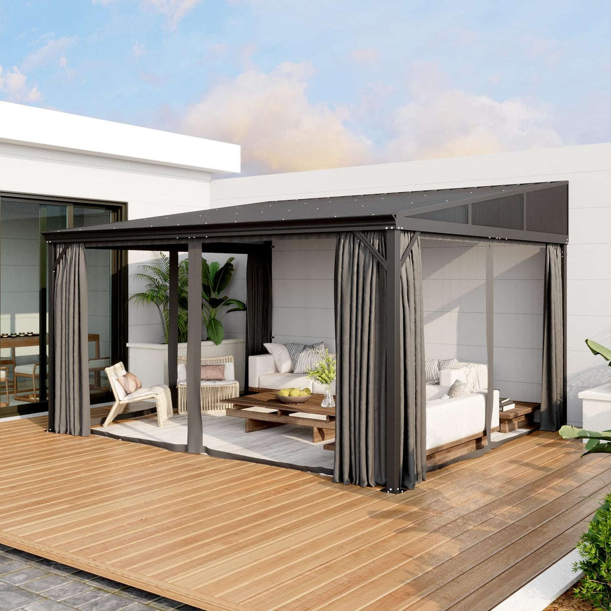 Homsee 12x14 FT Wall Mounted Gazebo with Curtains & Netting, Hardtop Lean to Gazebo with Galvanized Iron Roof & Aluminum Frame, Outdoor Pergola for Patio, Deck, Backyard, Black Homsee