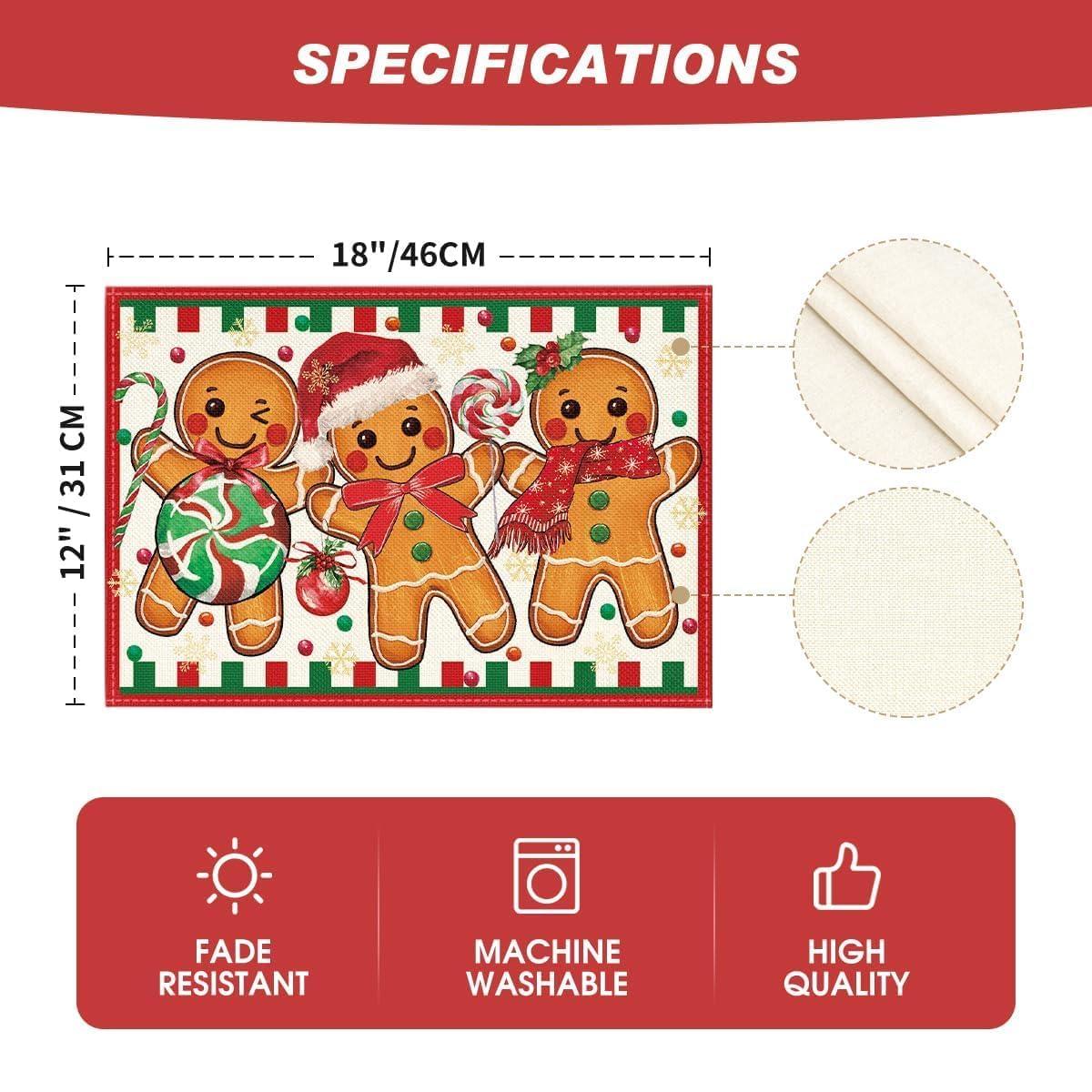 Artoid Mode Gingerbread Candy Cane Christmas Placemats Set of 4, 12x18 Inch Seasonal Table Mats for Party Kitchen Dining Decoration Artoid Mode