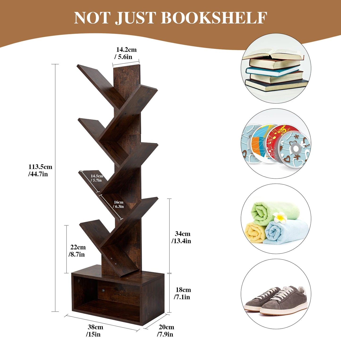 ohohFLOWER Tree Bookshelf 6 Layers with Drawers Retro Book Holder Rustic Brown Wooden Floor Standing Bookshelf for Living Room,Bedroom,Home Office Modern Bookcase