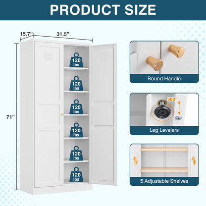 MIIIKO Metal Pantry Cabinet, Utility Storage Cabinets with 2 Doors and 5 Shelves, Versatile Freestanding Tall Cupboard for Kitchen, Bedroom, Laundry Room and Office, 71" H x 15.7" D x 31.5" W - WoodArtSupply