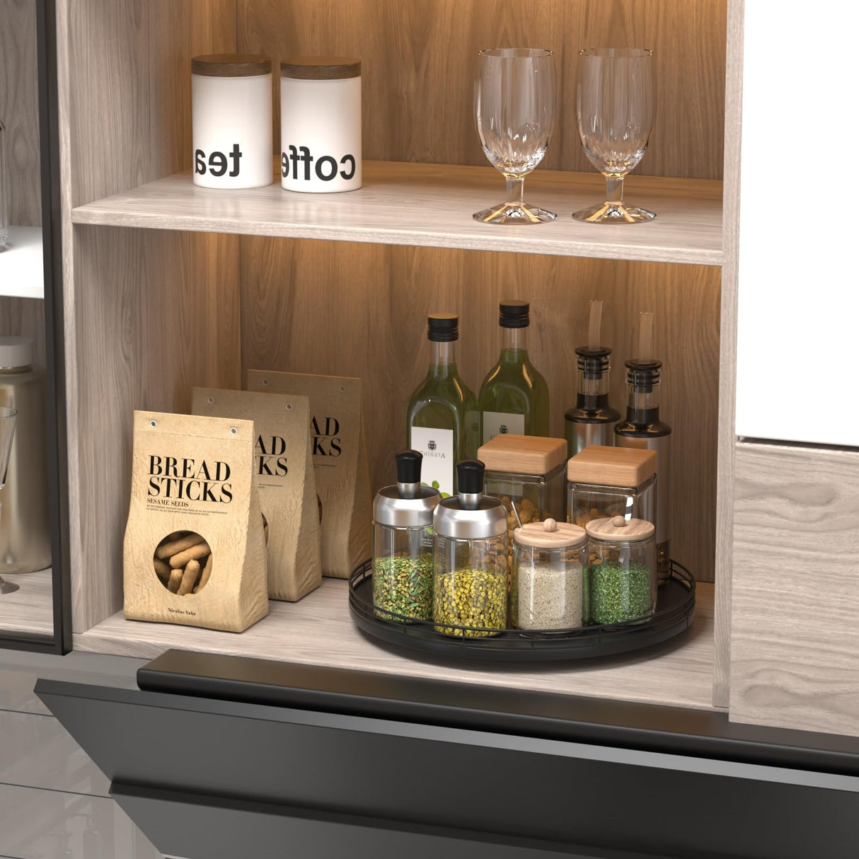 13" Oak Wood Lazy Susan Organizer, Lazy Susan for Cabinet Dining Table Pantry Wood Turntable Organizer Tray for Coffee Table Kitchen Countertop Salt Pepper Spice Organization and Storage Round Black Oroyutor