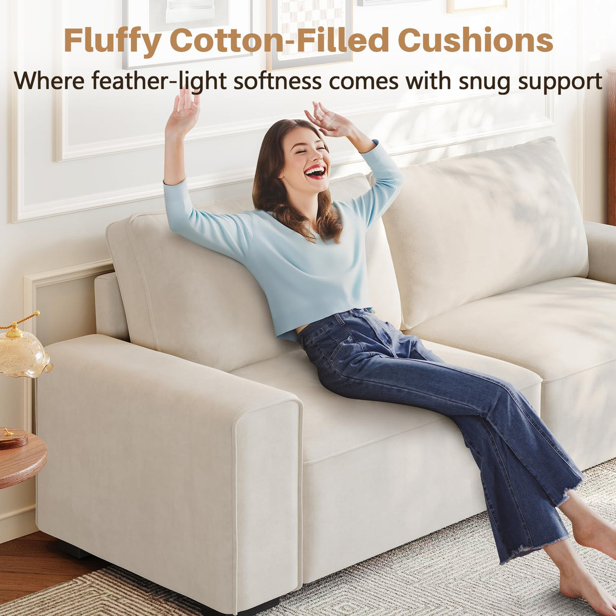 Vesgantti 87'' Chenille Couch for Living Room, 3 Seater Comfy Sofa with Wide Armrest, Thick Spring Cushions, Removable Cover, Modern Cloud Couch for Apartment, Office, Small Space, Chenille Beige Vesgantti