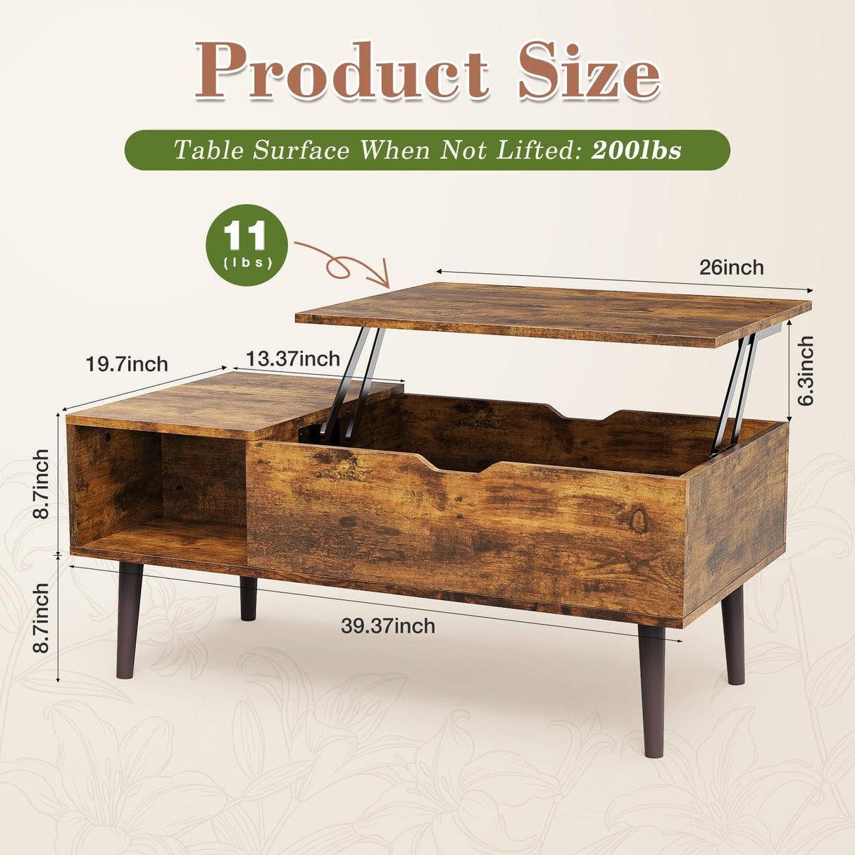 OLIXIS Wooden Coffee Table, Lift Top Coffee Table with Large Hidden Compartment and Ample Storage Shelf, Lift Tabletop Dining Table for Living Room, Home Small Space, Rustic OLIXIS