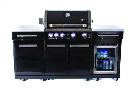 Mont Alpi MA-957FC 5-Burner 63000 BTU Black Stainless Steel Outdoor Kitchen Bar Gas Barbecue Island Grill with Infrared Rear Burner + Fridge Cabinet + Rotisserie Kit & Full Weather Cover Mont Alpi