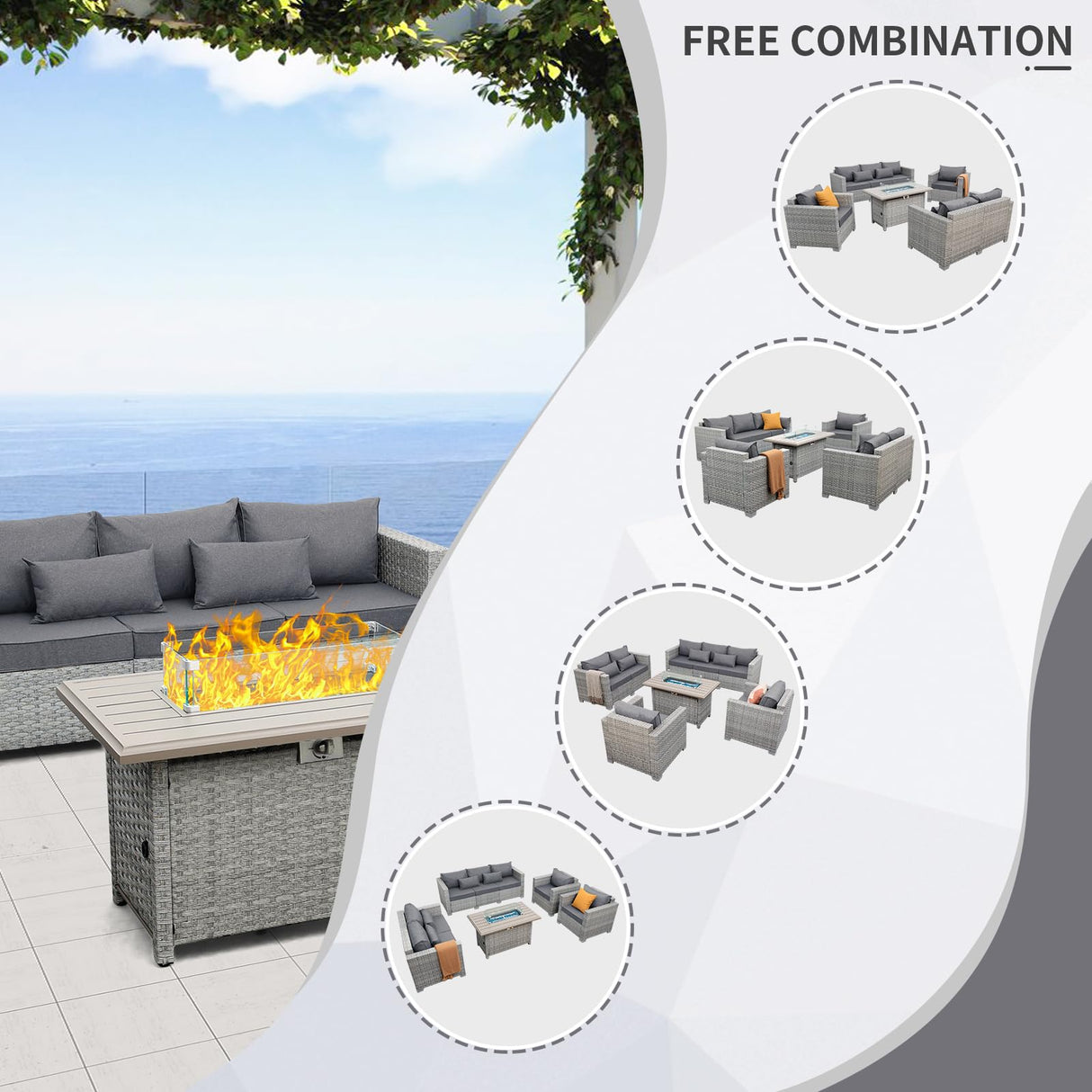 WAROOM Patio Furniture Set 5 Piece Grey Wicker Outdoor Furniture with Fire Pit Table, Patio Sectional Sofa Couch Sets Backyard Deep Seating PE Rattan Chairs, Grey Cushion WAROOM