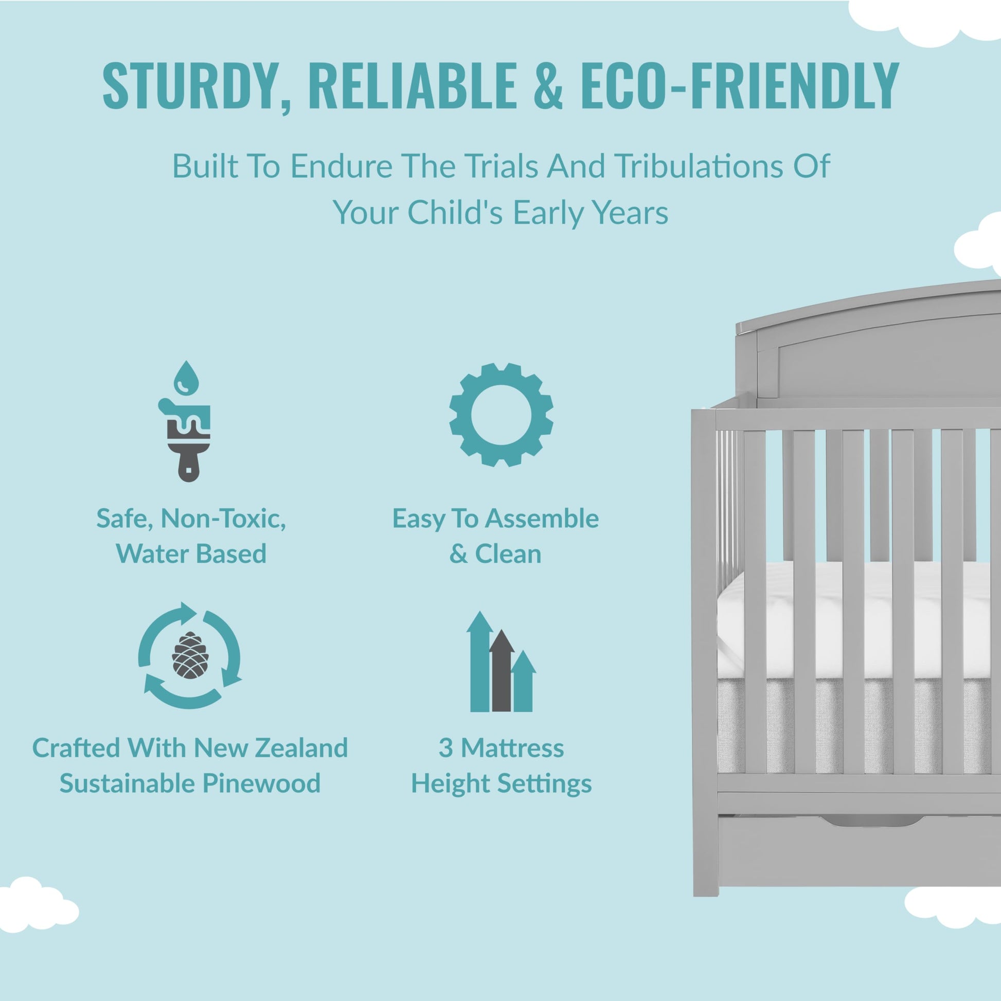 Dream On Me Storybrooke 5 in 1 Convertible Crib with Under Drawer in Pebble Grey, JPMA & Greenguard Gold Certified, Made of Sustainable Pinewood, Non-Toxic Water-Based Paint Finish - WoodArtSupply