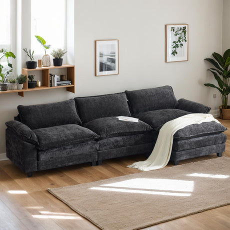 Karl home Sectional Sofa Modular Deep Seat Sofa Couch with Ottoman, Chenille Sofa Sleeper Comfy Upholstered Furniture for Living Room, Apartment, Studio, Office, (3-Seat & 1-Ottoman, Black) Karl home