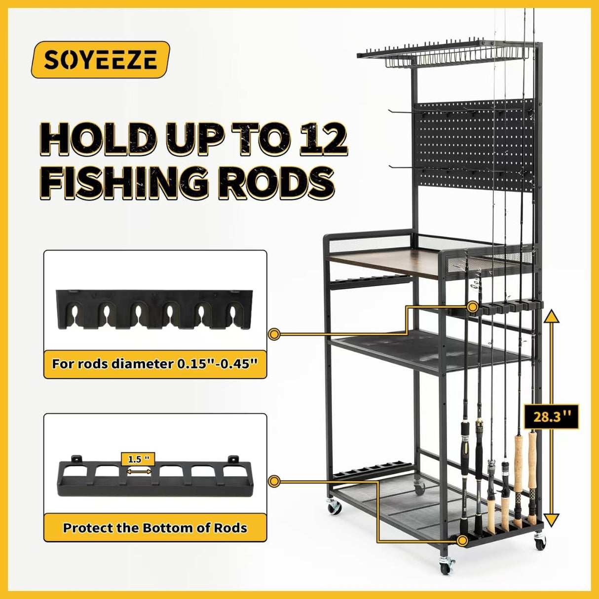 SOYEEZE Large Size Fishing Rod Holders for Garage, Heavy Duty 4-Tier Fishing Pole Rack Holds up to 12 Rods with Pegboard and Hooks, Fishing Gear Organizer, Fishing Storage Cart with Lockable Wheels SOYEEZE