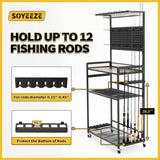 SOYEEZE Large Size Fishing Rod Holders for Garage, Heavy Duty 4-Tier Fishing Pole Rack Holds up to 12 Rods with Pegboard and Hooks, Fishing Gear Organizer, Fishing Storage Cart with Lockable Wheels SOYEEZE