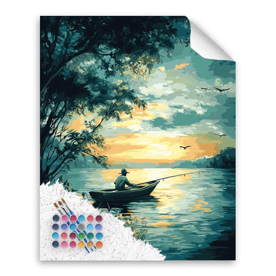 Fishing Paint by Numbers Kit for Adults Beginner, Paint by Number Fisherman, Fishing Boat on Lake at Sunset Acrylic Painting on Canvas for Gift, Landscape Home Wall Decor(16x20inch, No Frame)