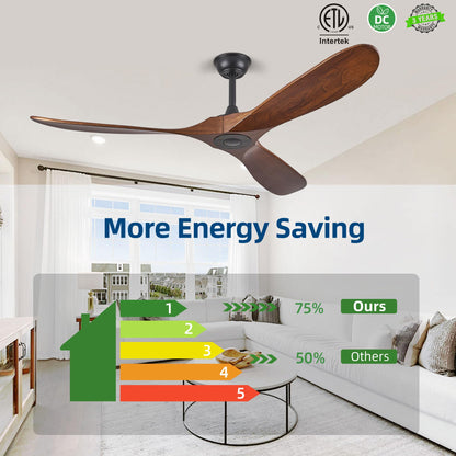 60" Ceiling Fans Without Lights, 60 Inch Indoor/Outdoor Ceiling Fans no Light, 3 Blade Solid Wood Ceiling Fan with Remote Control for Farmhouse Patios Living Room Bedroom, Quiet DC Motor, Dark Walnut