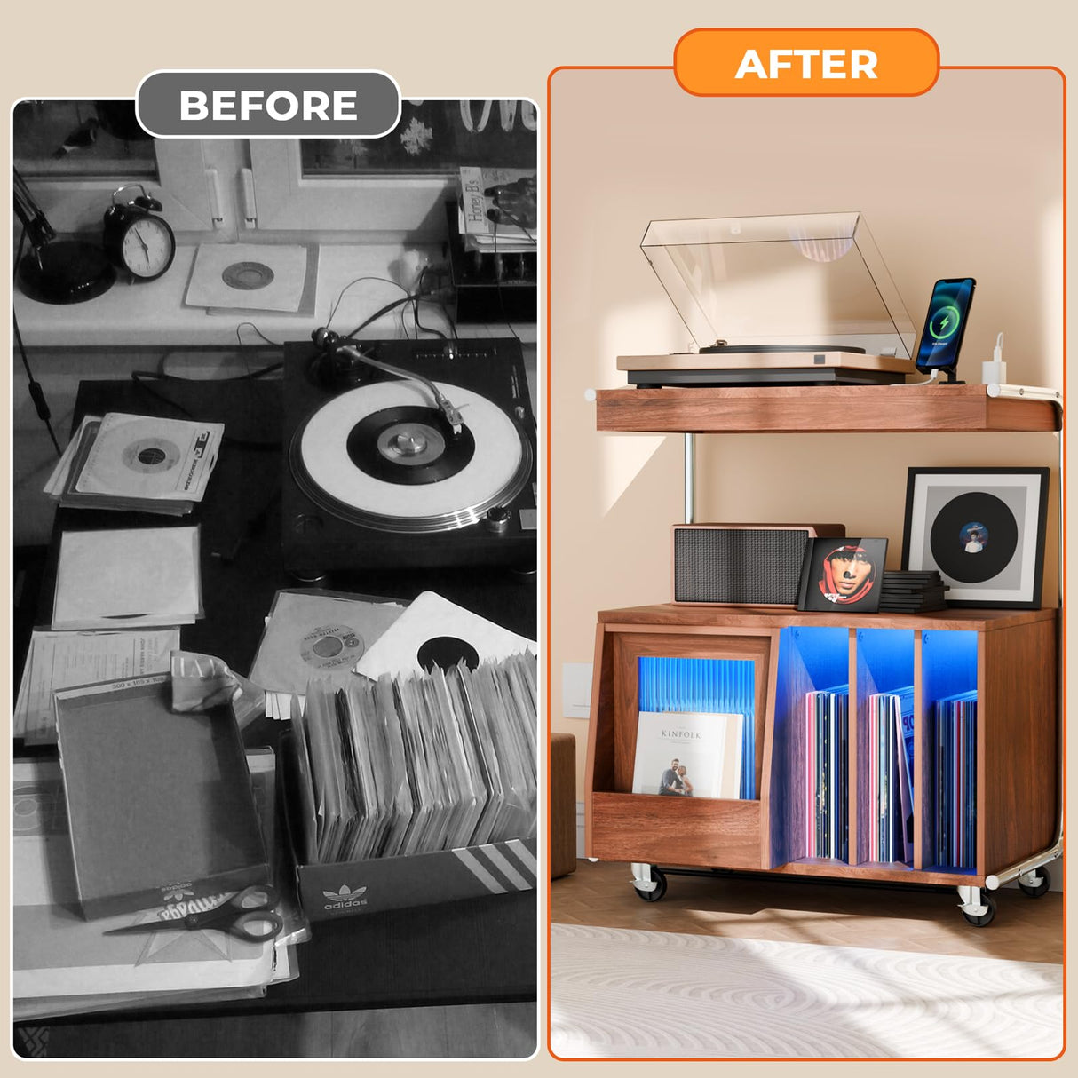 Large Record Player Stand with Sliding Door and Wheels,200 Vinyl Record Storage Cabinet, Record Player Table with Power Outlet & LED Light,Turntable Stand with Wood Legs for Living Room,Bedroom,Office MULEJYBO