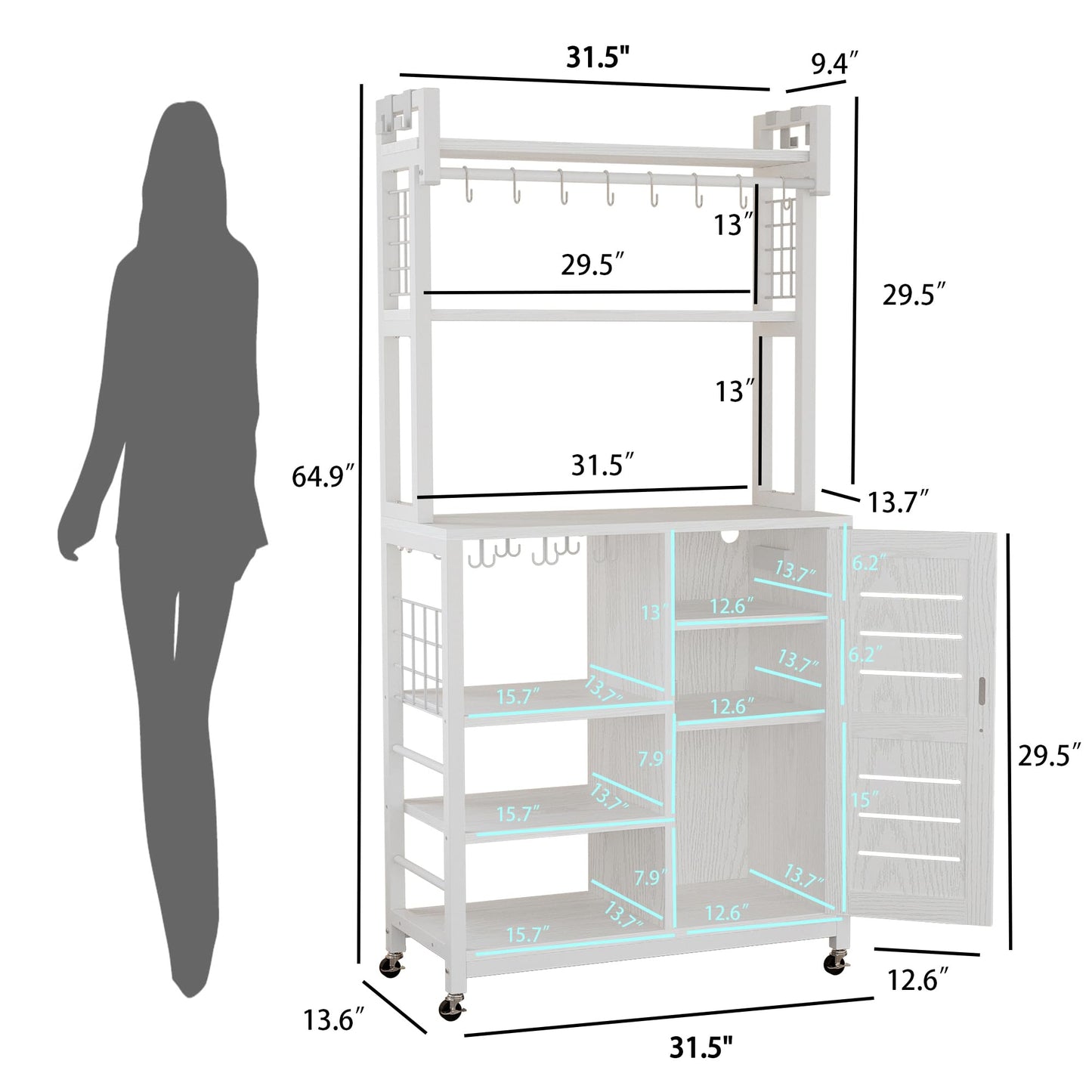 IRONCK Bakers Rack, Microwave Stand with Power Outlets, Kitchen Storage with Wheels and Feet, Coffee Station with Cabinets and 10 S-Hooks, White