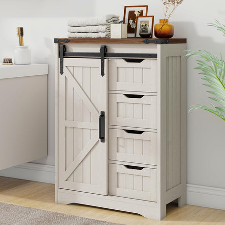 Farmhouse Bathroom Floor Storage Cabinet with 4 Drawers, Bathroom Cabinet with Sliding Door, Rustic Storage Organizer for Kitchen, Living Room, Rustic Style, White Halitaa