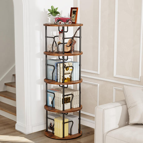 VYRIVA 4 Tier Rotating Bookshelf Tower, 360° Display Round Bookcase, Floor Standing Corner Revolving Bookshelf Organizer Storage Rack for Home Study Office, Small Spaces VYRIVA
