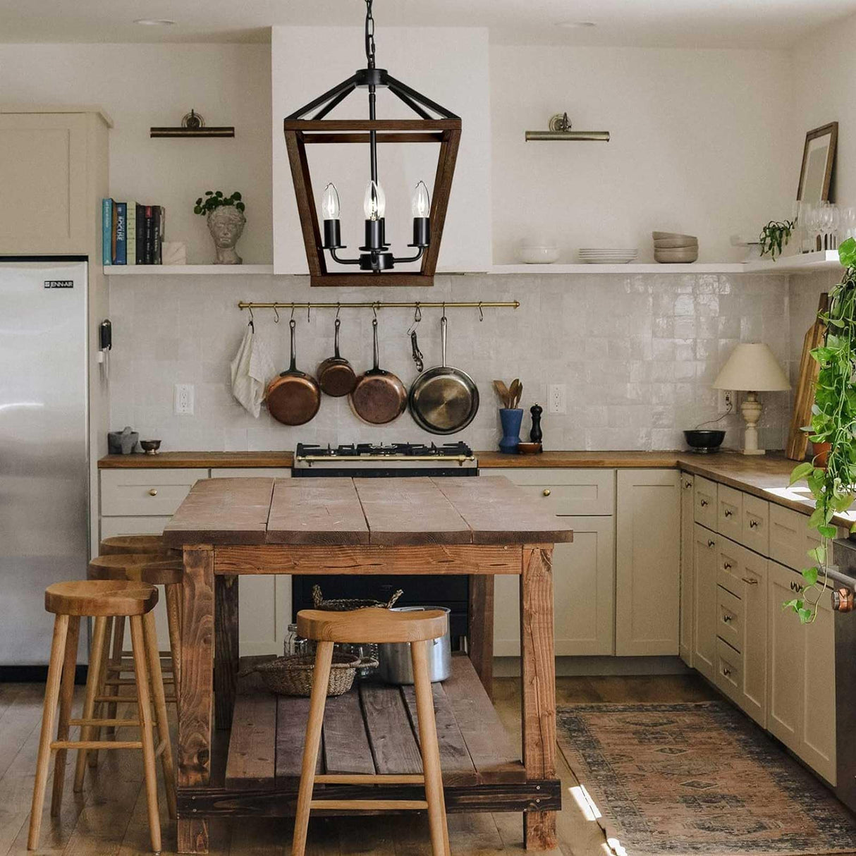 TELAFLY 4-Light Lantern Pendant Light,Black Wood Cage Farmhouse Chandelier for Kitchen Island,12'' Rustic Metal Geometric Hanging Lighting Fixture for Kitchen Island Dining Room Bedroom Foyer Entry TELAFLY