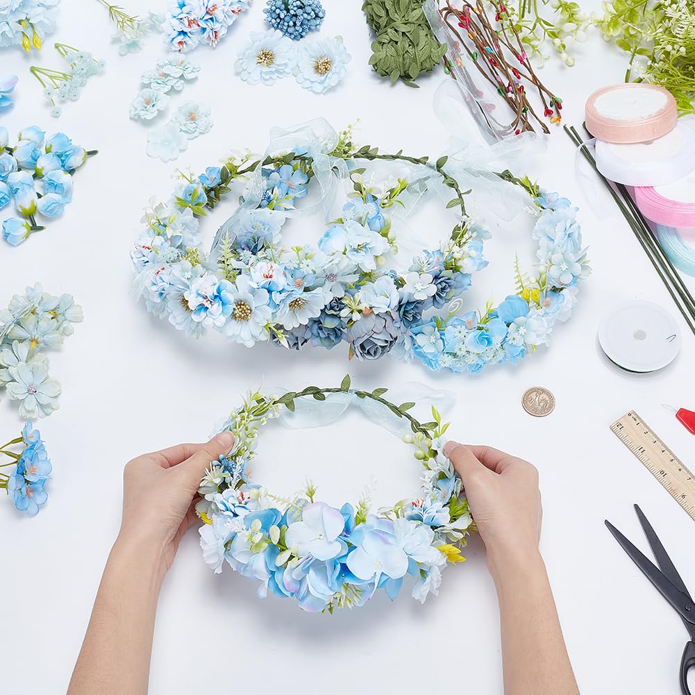 FREEBLOSS 4 Set Flower Crowns DIY Kit 67pcs Blue Flower Crown DIY Flower Crowns Headband Making Kit Handmade Floral Hair Accessories for Wedding Birthday Fairy Party Favors DIY Arts and Crafts FREEBLOSS