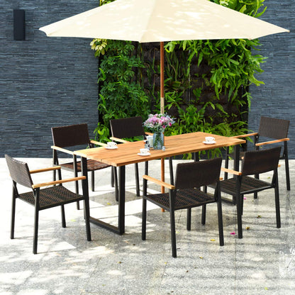 Tangkula 7 Pieces Outdoor Dining Set, Patented Patio Furniture Set w/Large Rectangle Acacia Wood Table Top, Rattan Chairs with Steel Frame, Umbrella Hole, for Backyard Garden