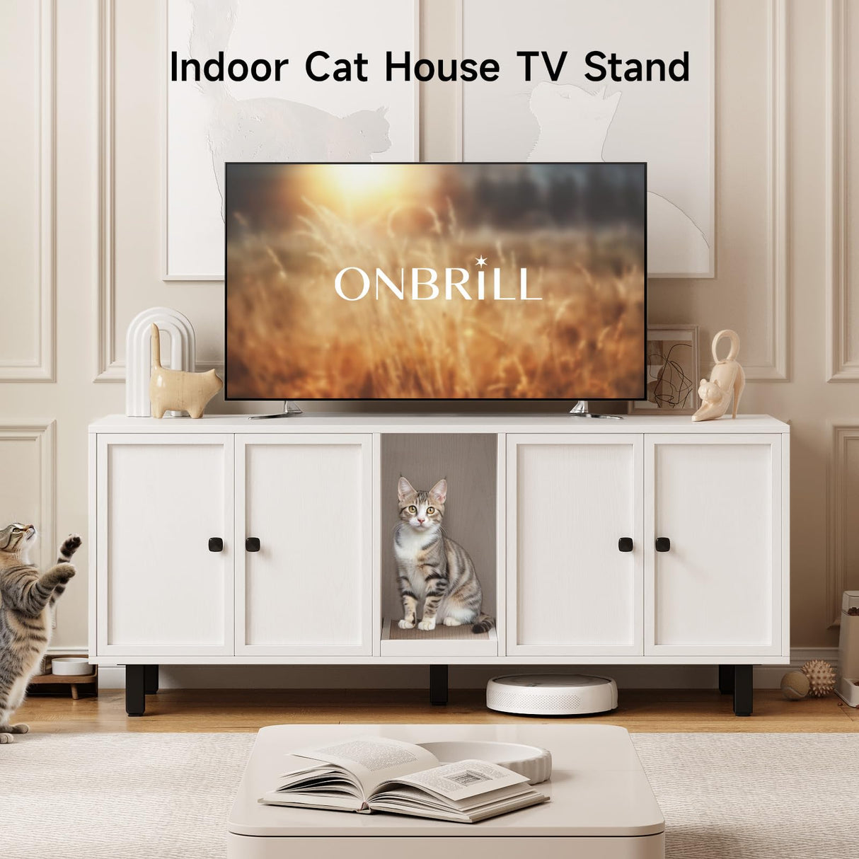 ONBRILL 59 Inches Cat Litter Box Enclosure for 2 Cats, Hidden Litter Boxes Furniture with Cat Scratch Pad, Large Indoor Pet House with Double Room, Wooden TV Stand Side Table, Off White ONBRILL