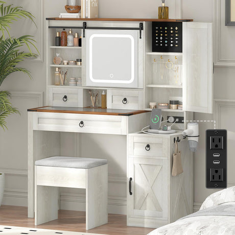 GlouMod Farmhouse Makeup Vanity Desk with Sliding Mirror and Lights, 42" Glass Top Vanity Table with Charging Station & 4 Drawers & 2 Cabinets, Vintage Vanity Set for Bedroom, Stool Included, White GlouMod